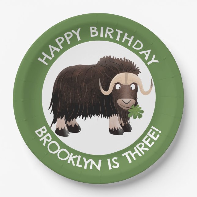 Funny musk ox cartoon personalised birthday  paper plate (Front)