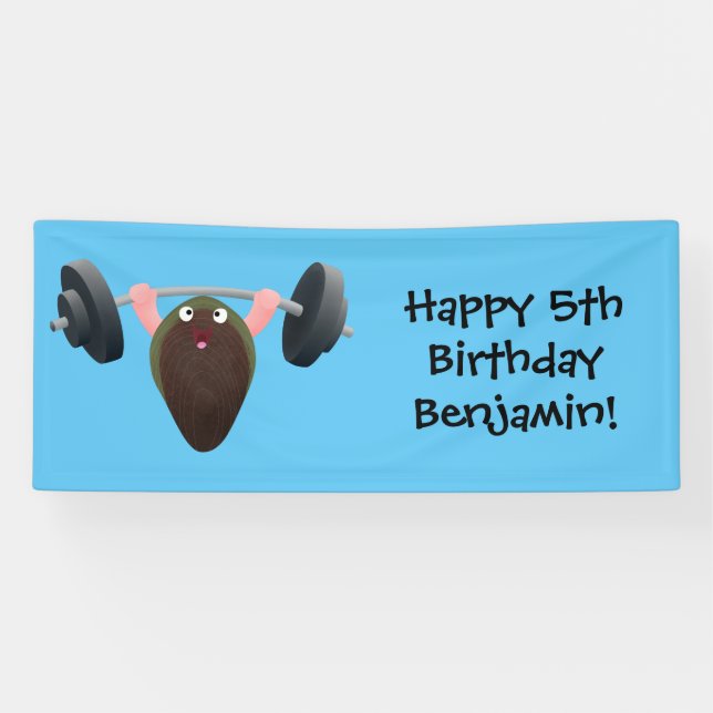 Funny mussel working out cartoon illustration  banner (Horizontal)