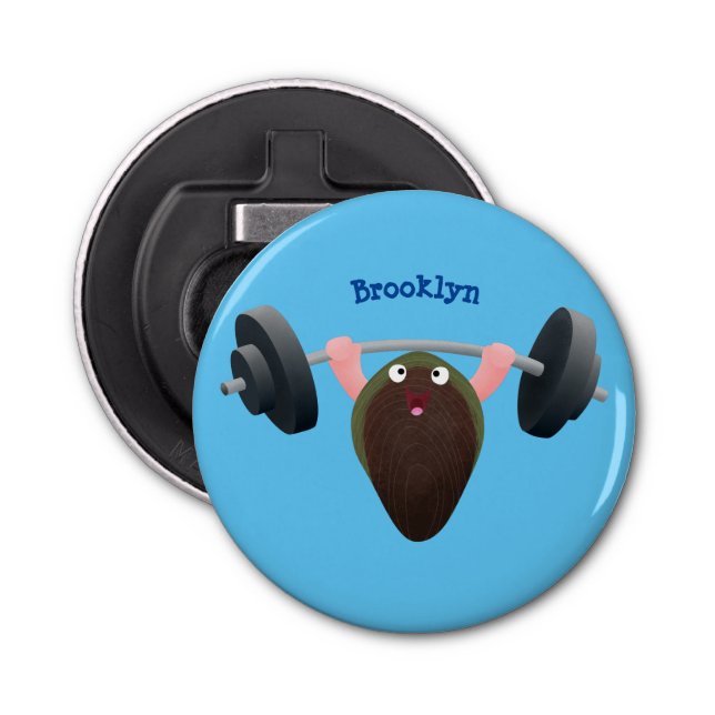 Funny mussel working out cartoon illustration bottle opener (Front)