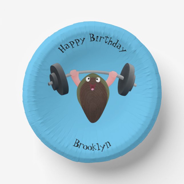 Funny mussel working out cartoon illustration  paper plate (Front)