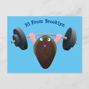 Funny mussel working out cartoon illustration  postcard