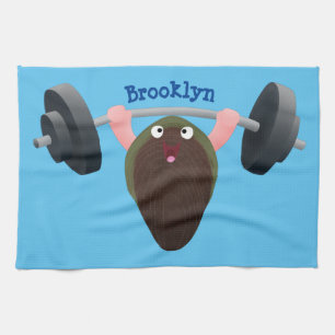 Funny mussel working out cartoon illustration tea towel
