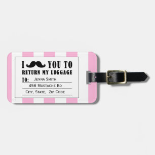 FUNNY MUSTACHE LUGGAGE GIRLY PINK STRIPES TAG
