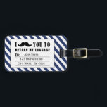 FUNNY MUSTACHE LUGGAGE TAG | BLUE STRIPES<br><div class="desc">FUNNY MUSTACHE LUGGAGE TAG. BLACK MUSTACHE WITH BLUE AND WHITE STRIPES PATTERN. "I MUSTACHE YOU TO RETURN MY LUGGAGE". MOVIEFUN© For other colours of moustache or background stripes pattern please contact store.</div>