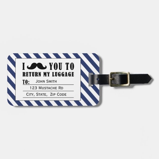 FUNNY MUSTACHE LUGGAGE TAG | BLUE STRIPES (Front Horizontal)