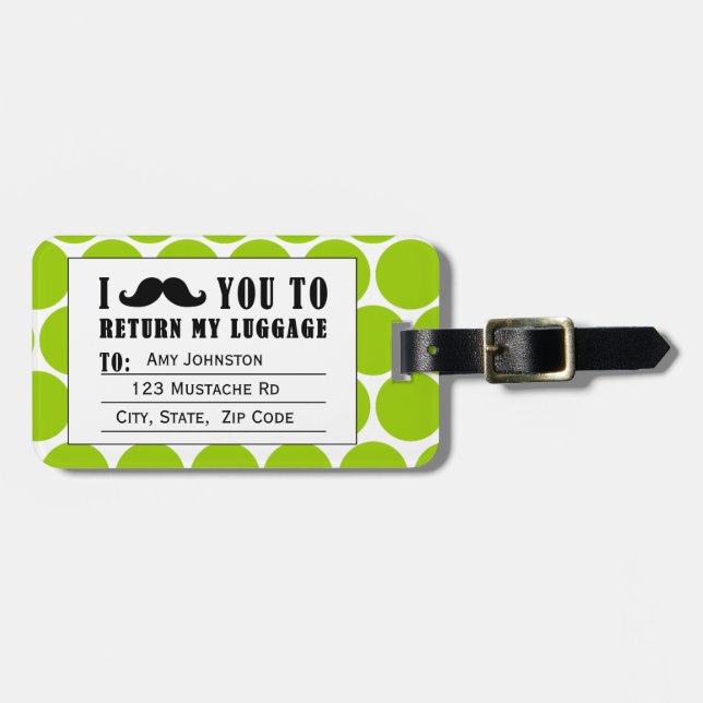 FUNNY MUSTACHE LUGGAGE TAG | GREEN DOTS (Front Horizontal)