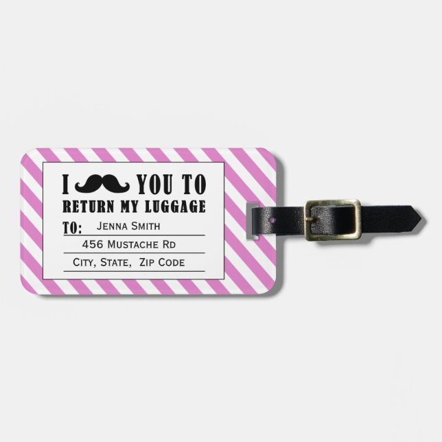 FUNNY MUSTACHE LUGGAGE TAG | PINK STRIPES (Front Horizontal)