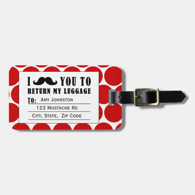 FUNNY MUSTACHE LUGGAGE TAG | RED DOTS (Front Horizontal)