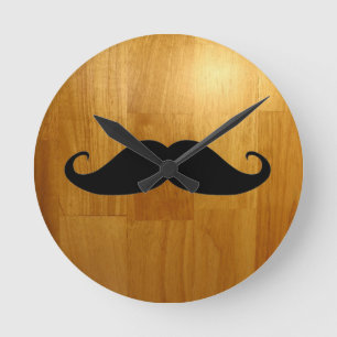 Funny Mustache on Shiny Wood Texture Background Round Clock