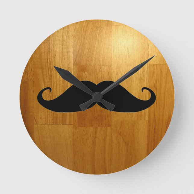Funny Mustache on Shiny Wood Texture Background Round Clock (Front)