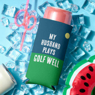 Funny "My Husband Plays Golf Well." Blue and White Seltzer Can Cooler
