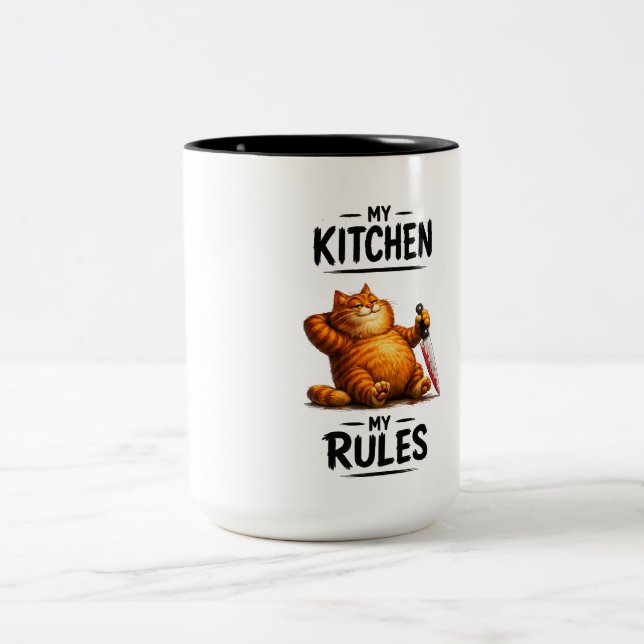 Funny My Kitchen My Rules Orange Cat with Knife Two-Tone Coffee Mug (Center)