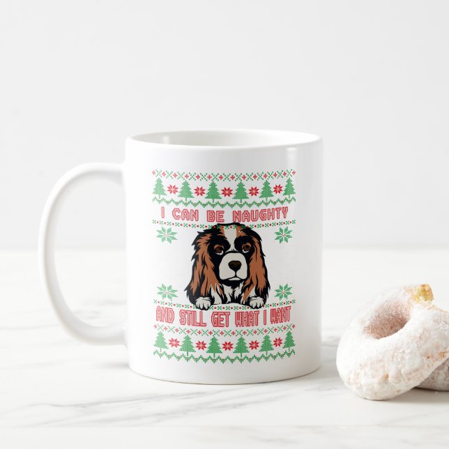 Funny Naughty Spaniel Ugly Christmas Sweater Coffee Mug (With Donut)
