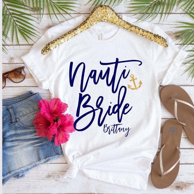 Funny Nauti Bride Blue Modern Calligraphy T-Shirt (Creator Uploaded)