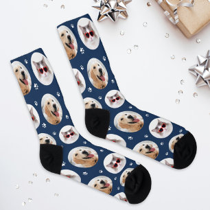 Funny Navy Blue Custom 2 Pet Photo Paw Print Socks