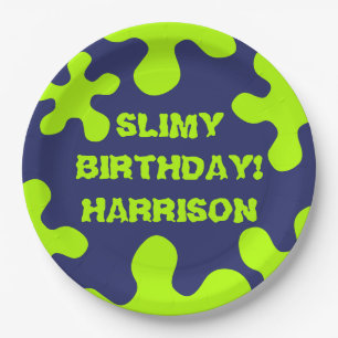 Funny navy blue green slime custom name birthday paper plate