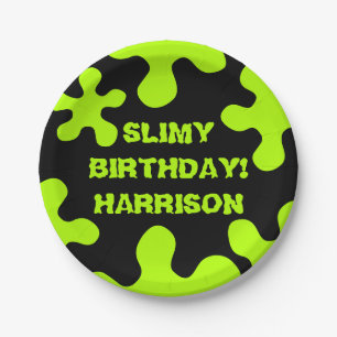 Funny neon green slime custom name birthday paper plate
