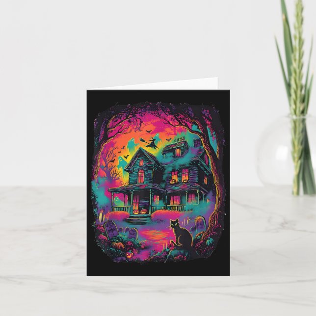 Funny Neon S Ghost Black Cat Witch Halloween  Card (Front)