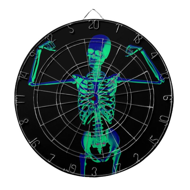 Funny Neon Turquoise Black Skeleton Halloween Dartboard (Front)