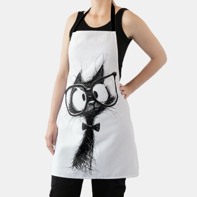 Funny Nerd Cat with Glasses & Bowtie Women's White Apron (Insitu)