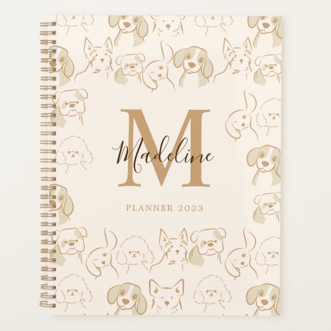 Funny Neutral Pop Dog Pattern Elegant Monogram Planner (Front)