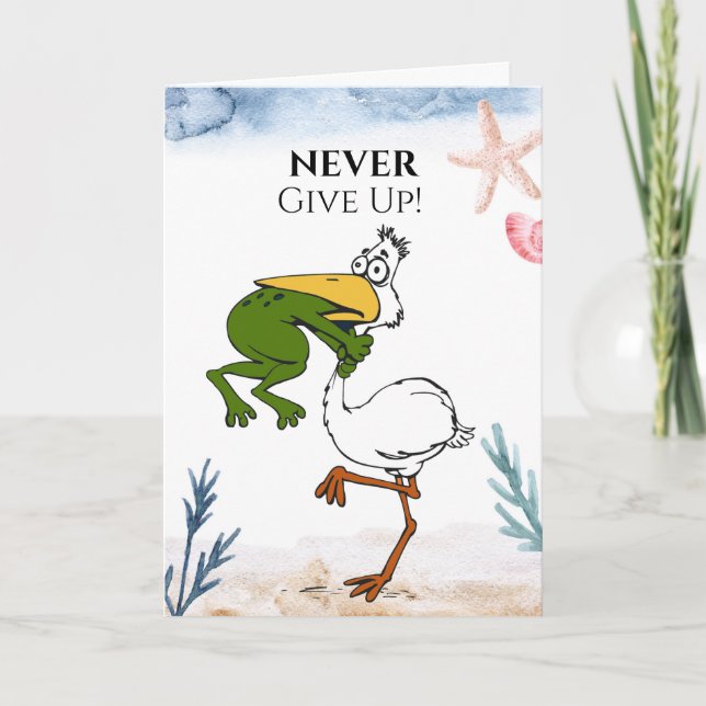 Funny Never Give Up Frog Choking Bird Card   (Front)