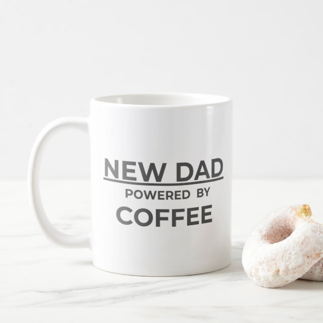 Funny New Dad Coffee Mug – Powered by Coffee –Gift (With Donut)