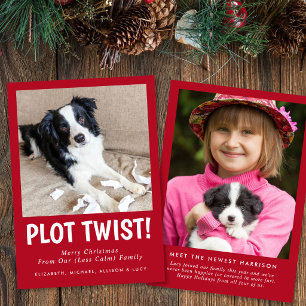 Funny New Puppy Family Photo Red Christmas Holiday Card
