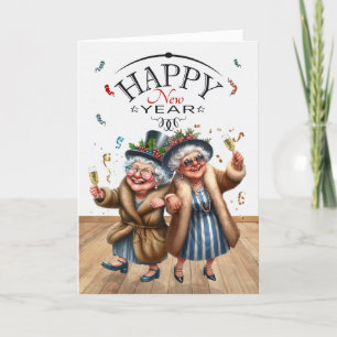 Funny New Year Lesbian Couple Vintage Caricatures Holiday Card