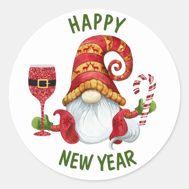 Funny New Year Party Gnome Classic Round Sticker (Front)