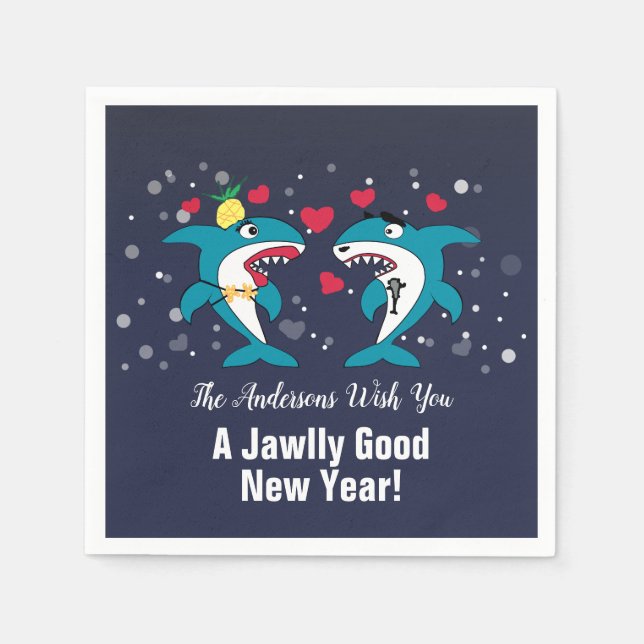 Funny New Year Sharks Family Name Navy Napkin (Front)