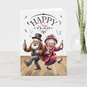  Funny New Year Vintage Caricature Style Seniors  Holiday Card