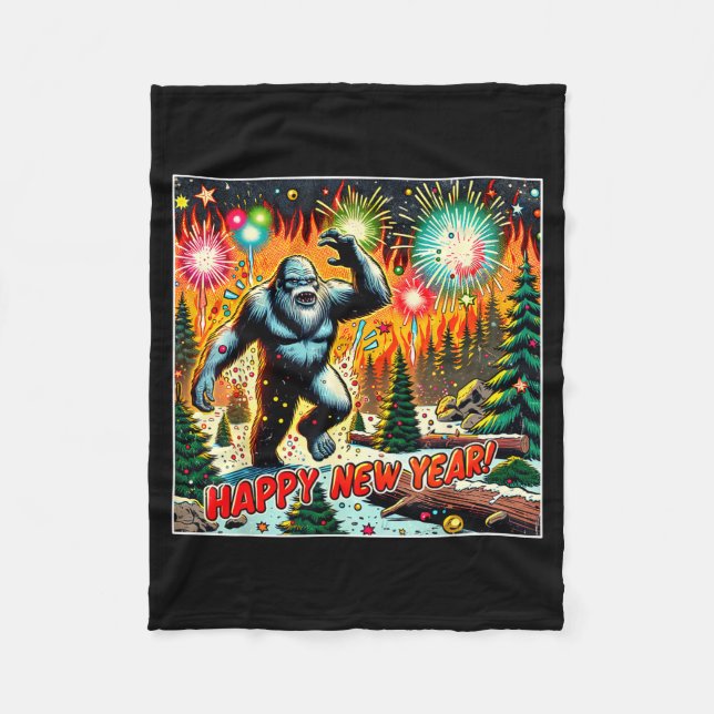 Funny New Years Eve 2024 Bigfoot And Fireworks Hum Fleece Blanket (Front)