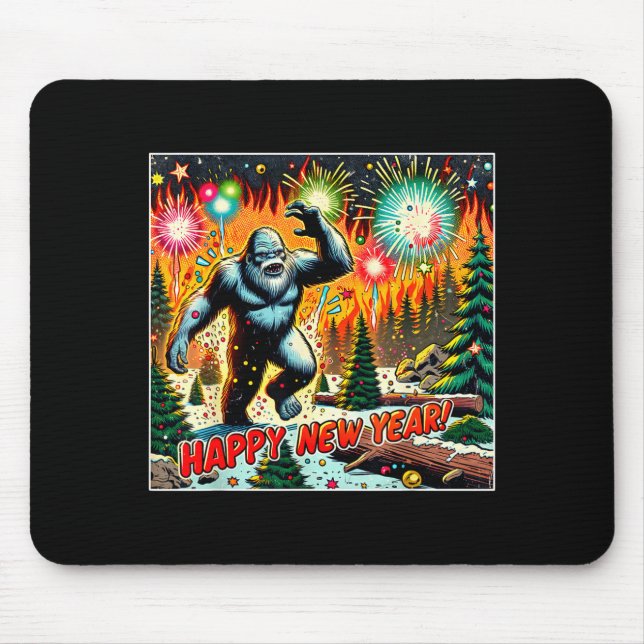 Funny New Years Eve 2024 Bigfoot And Fireworks Hum Mouse Mat (Front)