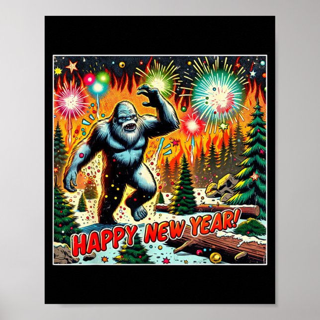 Funny New Years Eve 2024 Bigfoot And Fireworks Hum Poster (Front)