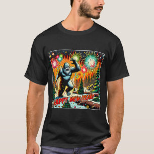 Funny New Years Eve 2024 Bigfoot And Fireworks Hum T-Shirt