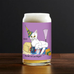 Funny New Year's Eve Aftermath White Cat Can Glass