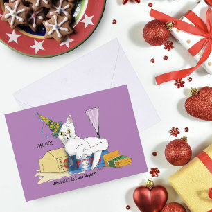 Funny New Year's Eve Aftermath White Cat Holiday Card