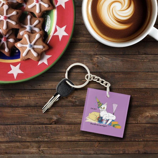 Funny New Year's Eve Aftermath White Cat Key Ring (Creator Uploaded)