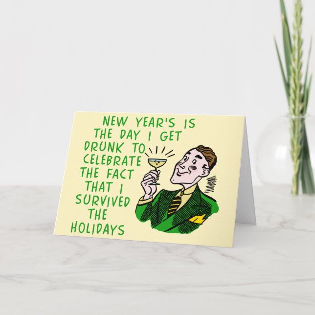 Funny New Years Retro Drinking Man with Champagne Holiday Card (Front)