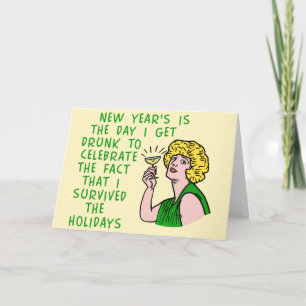 Funny New Years Retro Drinking Woman Champagne Holiday Card