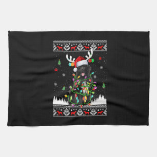 Funny Newfoundland Dog Christmas Lights Christmas Tea Towel