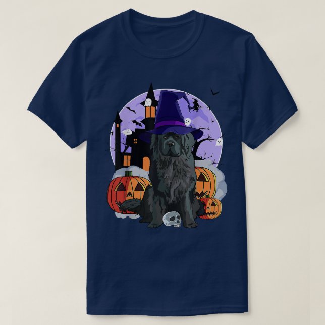 Funny Newfoundland Dog Halloween Witch Pumpkin  T-Shirt (Design Front)