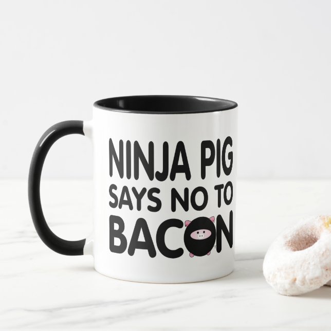 Funny Ninja Pig Says No to Bacon Mug (With Donut)
