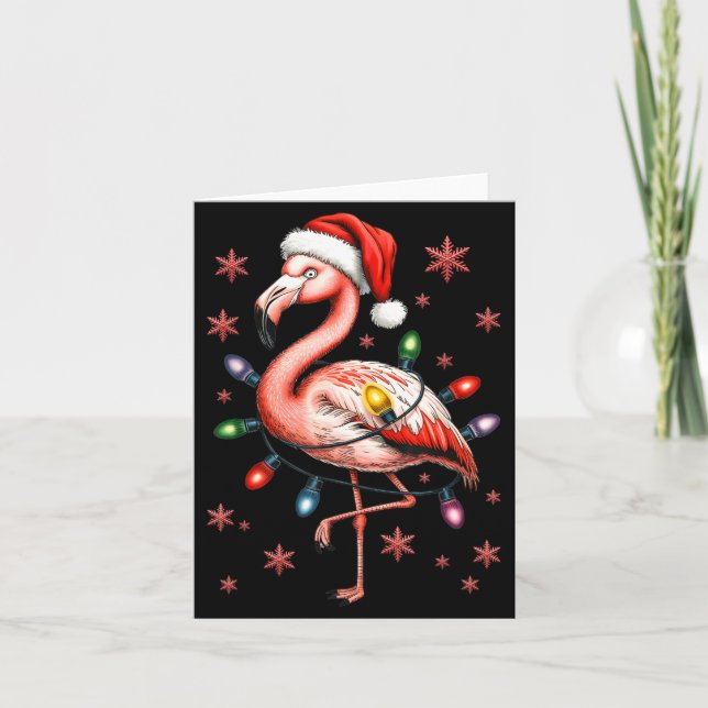 Funny Nk Flamingo Christmas Tree Lights Xmas Snowf Card (Front)