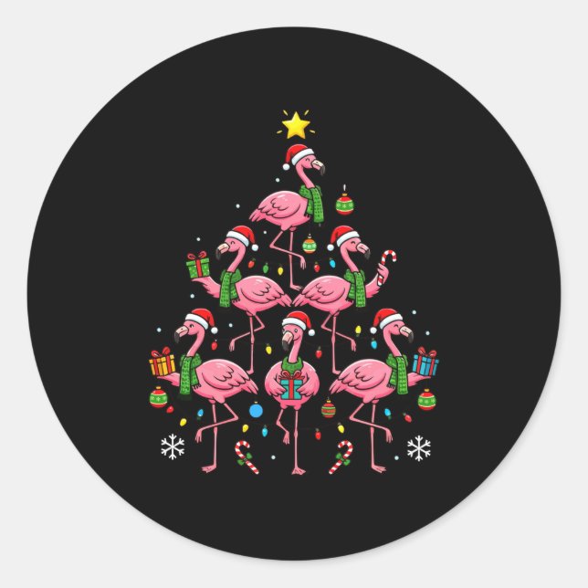 Funny Nk Flamingo Christmas Tree Santa Hats Holida Classic Round Sticker (Front)