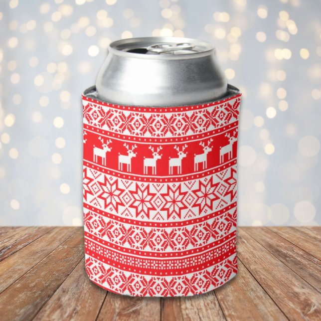 Funny  Nordic Reindeer Ugly Christmas Sweater  Can Cooler (Funny Nordic Reindeer Ugly Christmas Sweater Can Cooler)