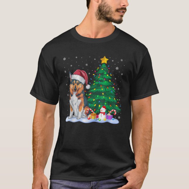 Funny Norwegian Elkhound Dog Xmas Tree Lights Rein T-Shirt (Front)