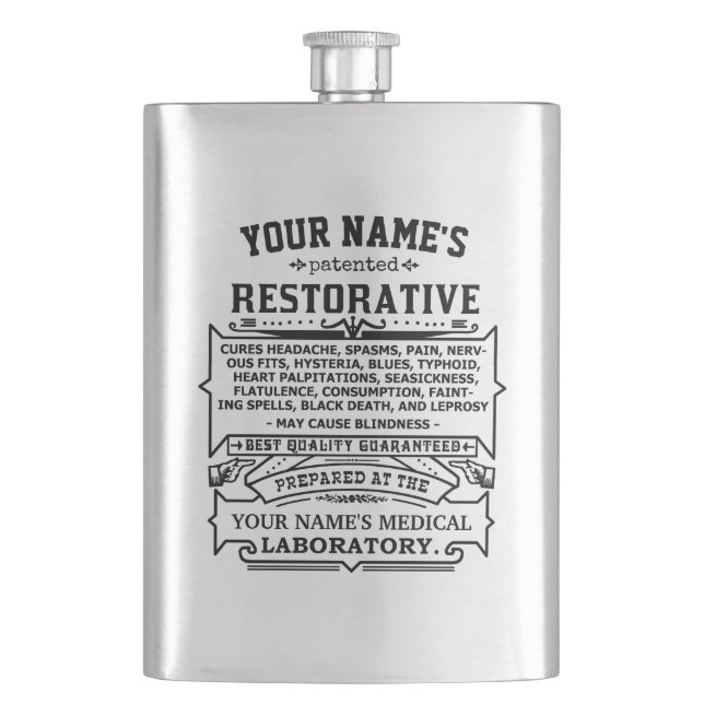 Funny Novelty Personalised Cure-All Vintage Hip Flask (Front)