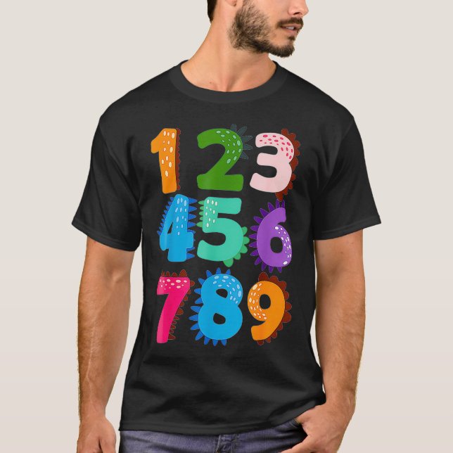Funny Numbers Math Back To School Educational Dino T-Shirt (Front)